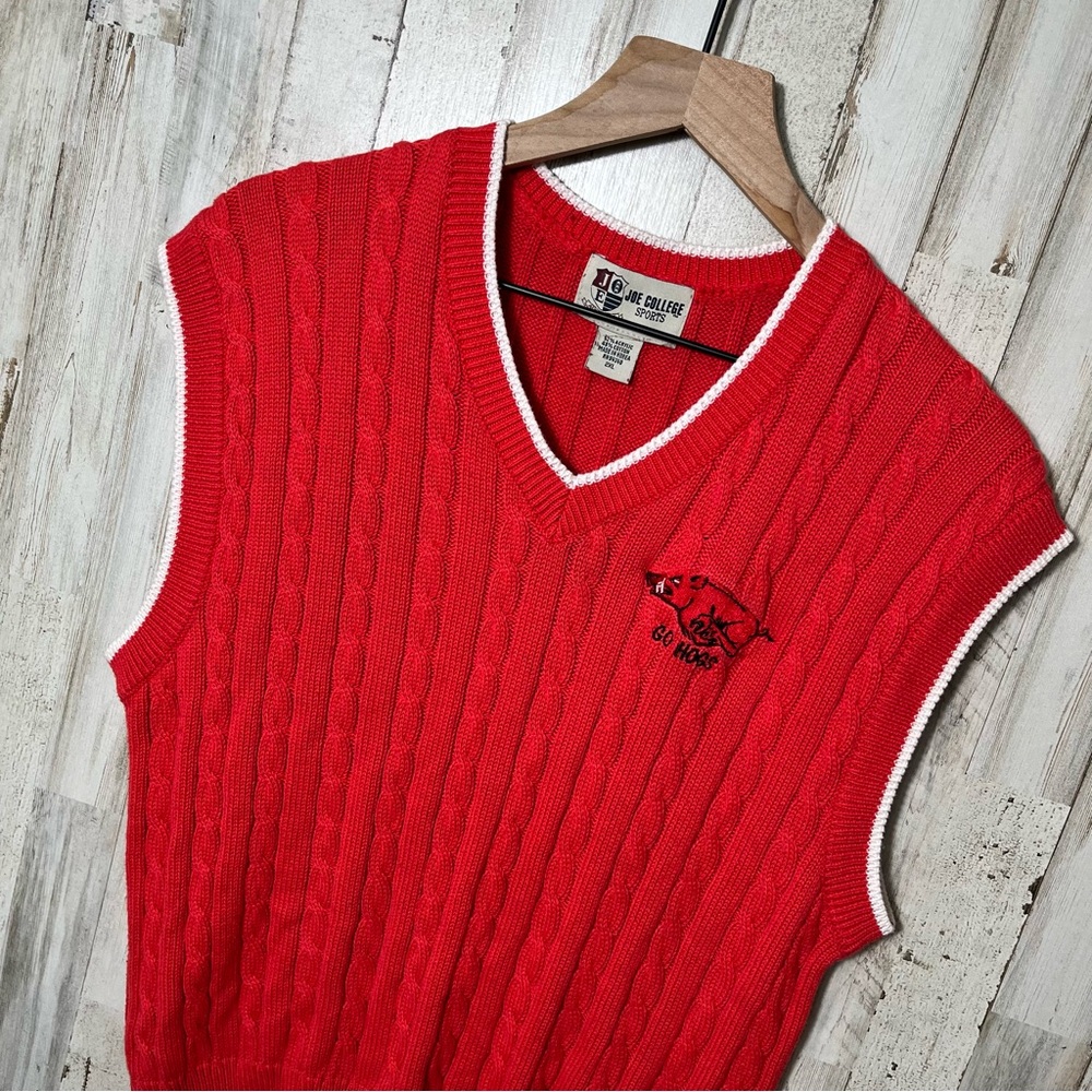 Arkansas Razorbacks Vintage 90s Red V Neck Sweater Cable Knit Vest Womens XXL